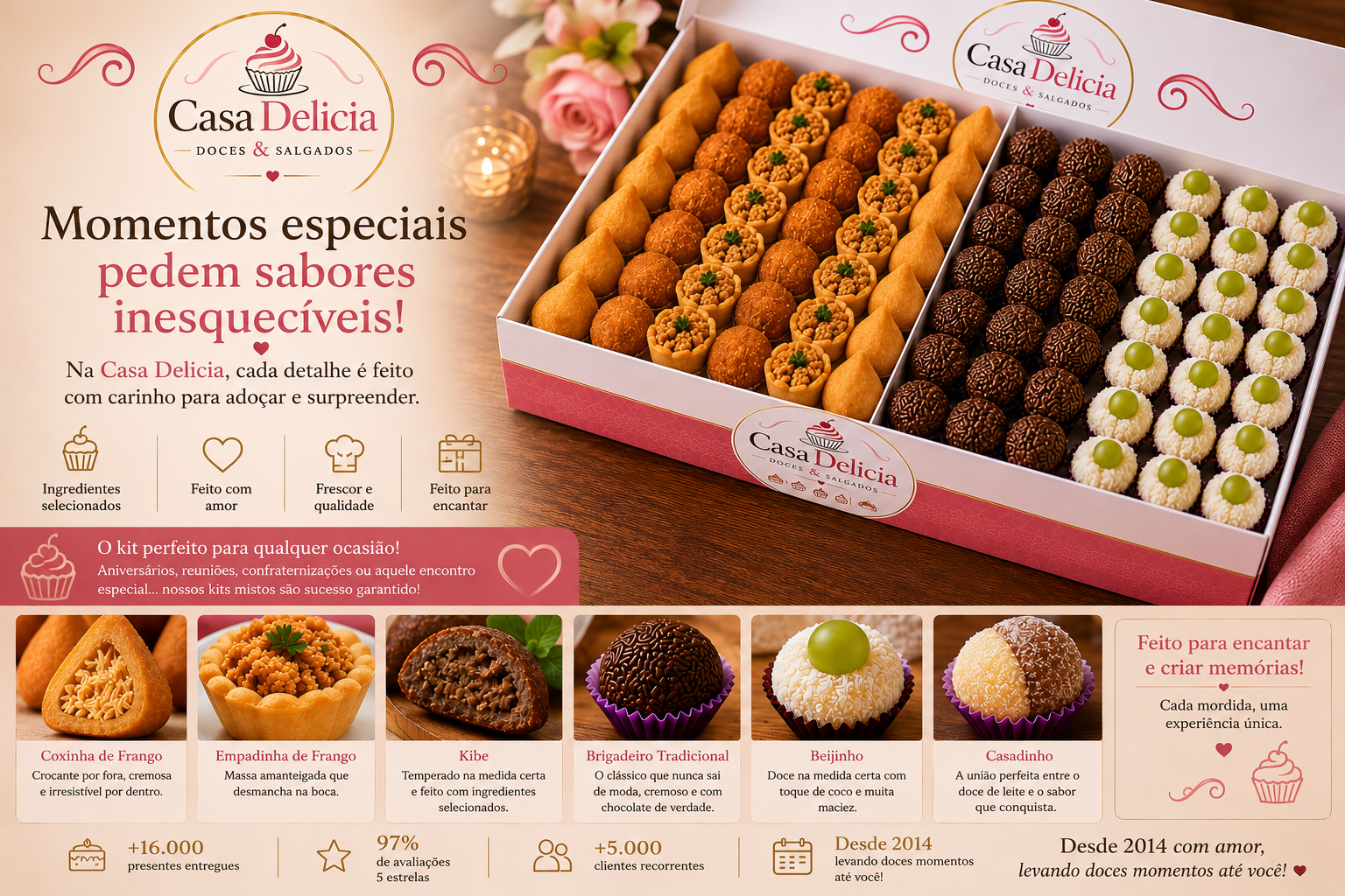 Kits de festa, doces e salgados para celebrar